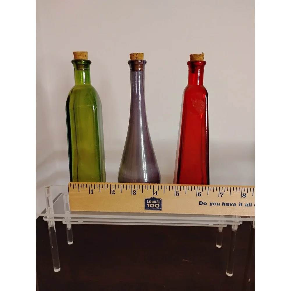 Vintage Style Colored Glass Bottles Set of 3 Jewel Tone Decorative Cork Vases